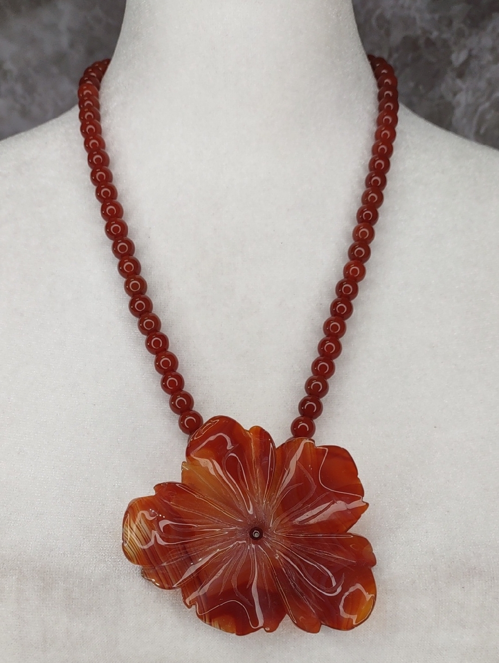 Artisan Crafted Hand-Carved Red Carnelian Flower Necklace